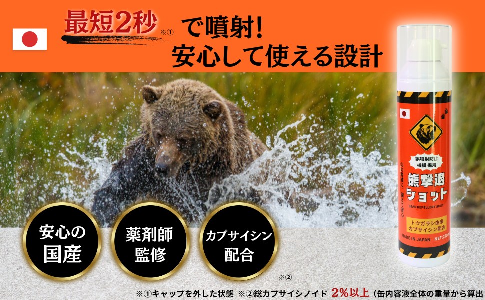 最短2秒で噴射できる安心設計。国産・薬剤師監修・カプサイシン配合