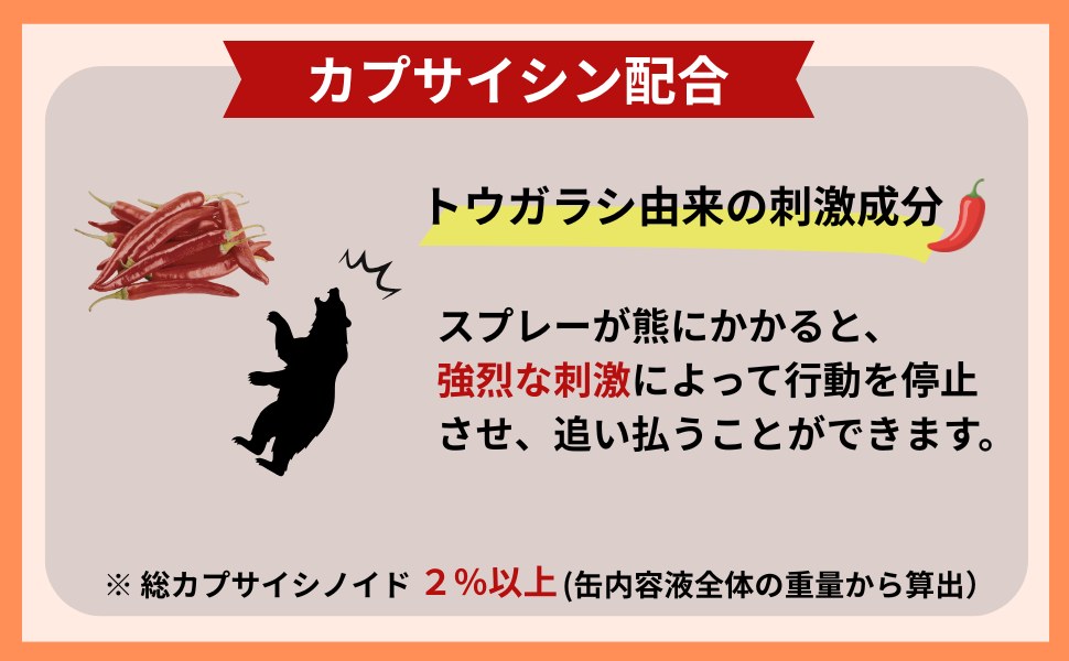 トウガラシ由来のカプサイシン配合。強烈な刺激で熊を追い払う